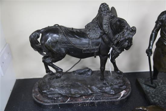 After Jean-Francois Theodore Gechter (1796-1844). A 19th century French animalier bronze model of a tethered horse, height 16.5in. leng